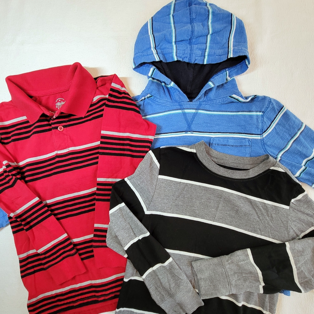 Lot Of 3 Kids Sz 6-7 Long Sleeve Striped Tops Polo Hoodie T-shirt Back To School